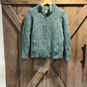 LL Bean L Blue Green Ragg Marled Lambswool Zip Mock Neck Cardigan Sweater 500736